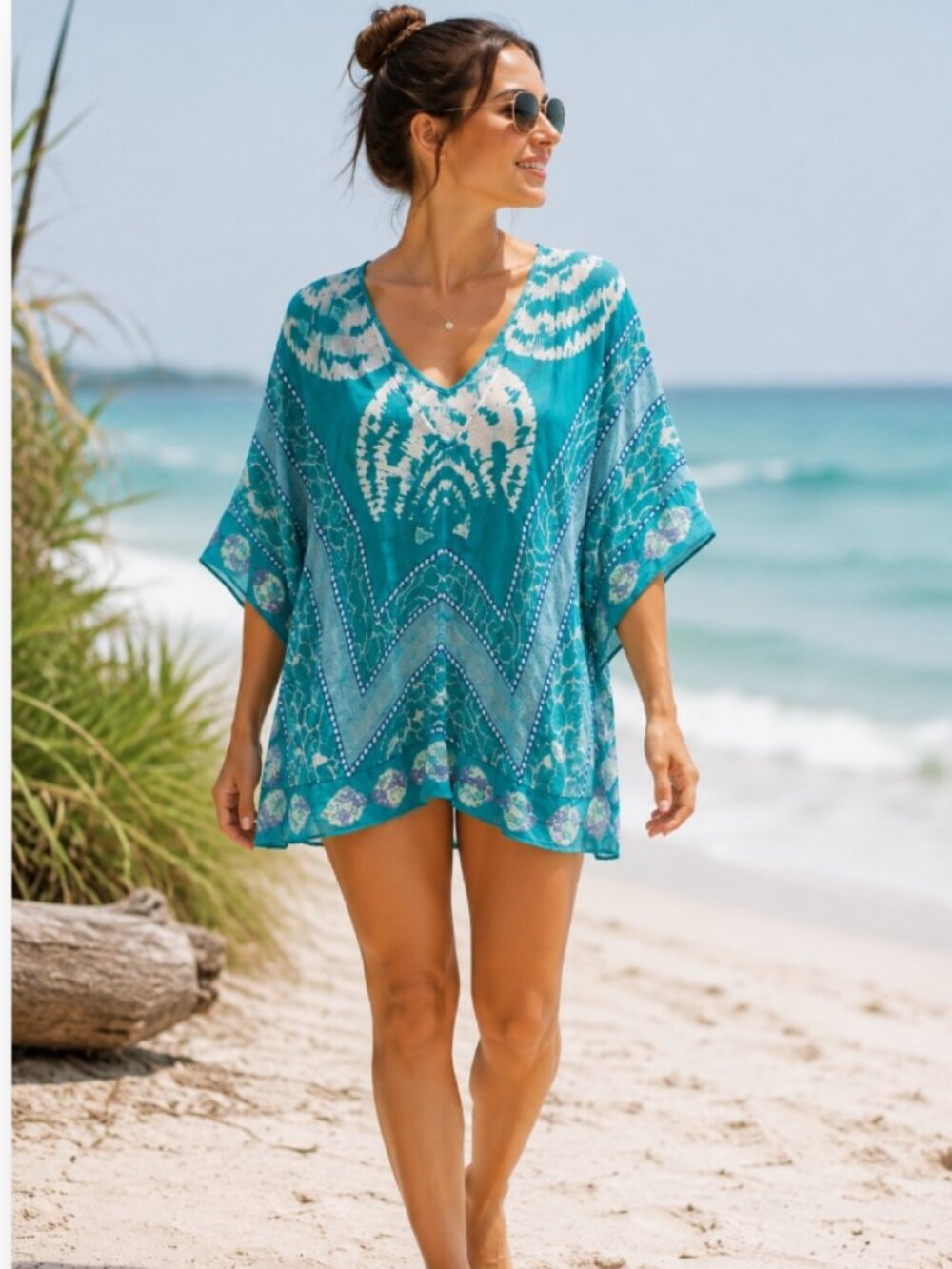 Mud Pie EUC tie dye shell print linen blend poncho beach cover up one size